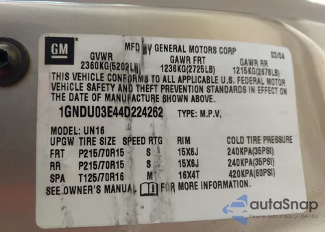 2004 Chevrolet Venture Plus z USA, uszkodzony, nr VIN 1GNDU03E44D224262